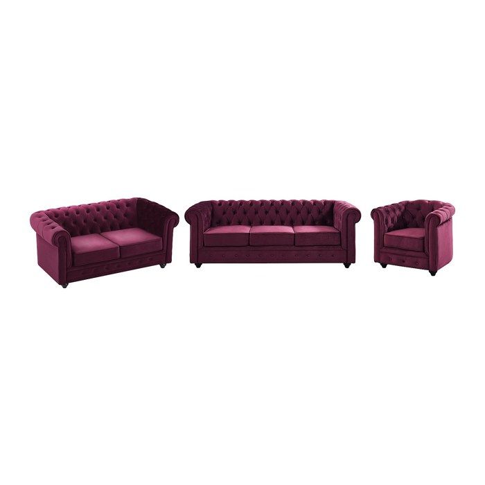 Canapés 3 places 2 places et fauteuil en velours pourpre CHESTERFIELD