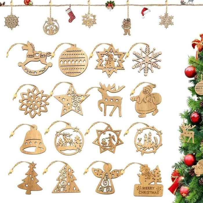 40 Ornements Suspendus Bois Noël Rouge Blanc - Décorations DIY Arbre De Noël Avec Corde