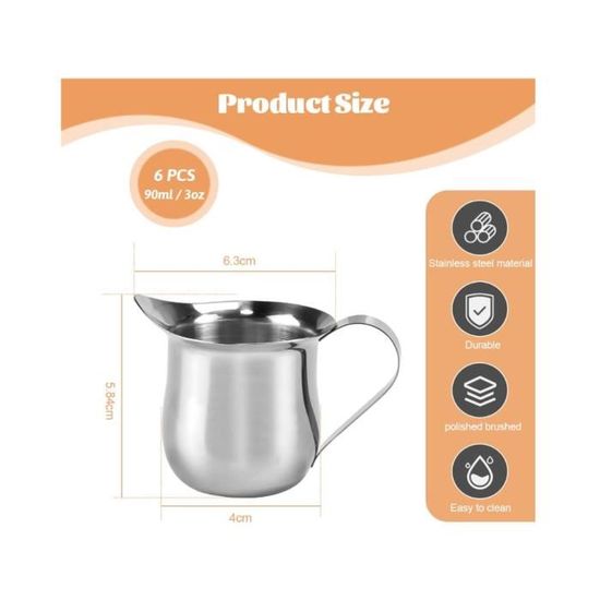 Lot De 6 Pots à Lait En Inox 304 - 90 Ml (3 Oz) - Pour Latte Art, Cappuccino, Mousse à Lait - Argenté