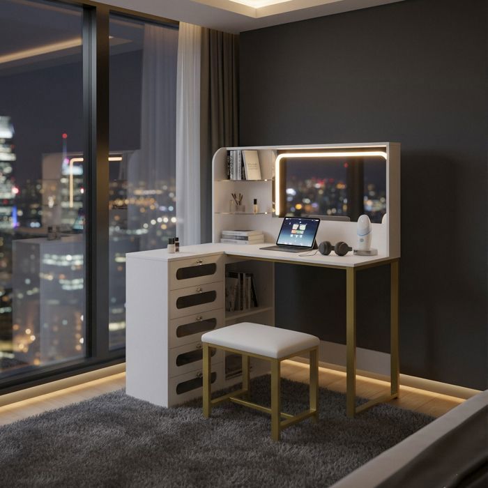 Juskys Coiffeuse D'angle Nova Avec éclairage LED, Miroir, 5 Tiroirs Et