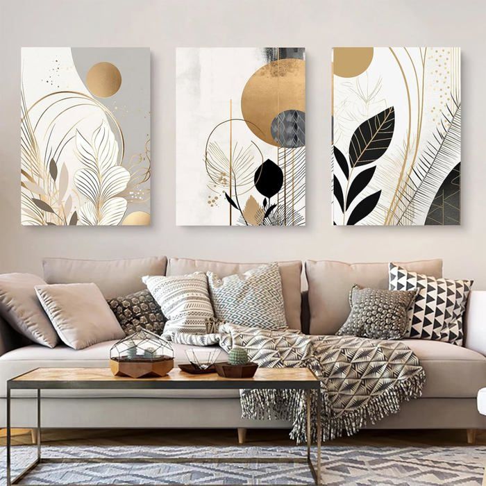 Décoration Murale Abstraite Lot De 3 Posters En Toile Abstraits - Déco Murale Nordique Avec Feuilles Dorées Et Motifs Noirs Posters Toile Décoration Décoration Murale Abstraite Lot De 3 Posters En Toile Abstraits - Déco Murale Nordique Avec Feuilles Dorées Et Motifs Noirs Posters Toile Décoration