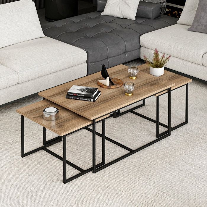 Tables Gigognes En Bois Massif Sheesham (Palissandre) | Lot De 2, Formes Rein, 45x45x30 Cm Environ, Style Campagne - 10