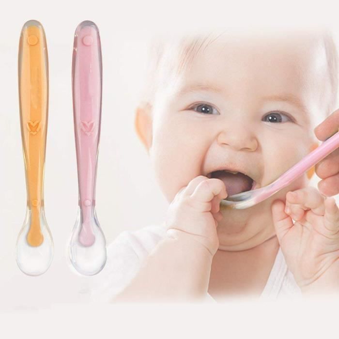 Lot de 4 cuillères en silicone pour bébé - Sans BPA - Ustensiles de sevrage  LED pour bébé de 6 à 12 mois - Cuillère d'apprentissage pour bébé de 6 à