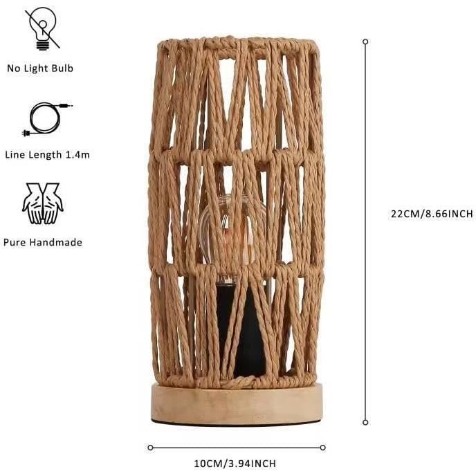 Lampe de chevet bohème avec socle en bois, lampe rétro en rotin, petite