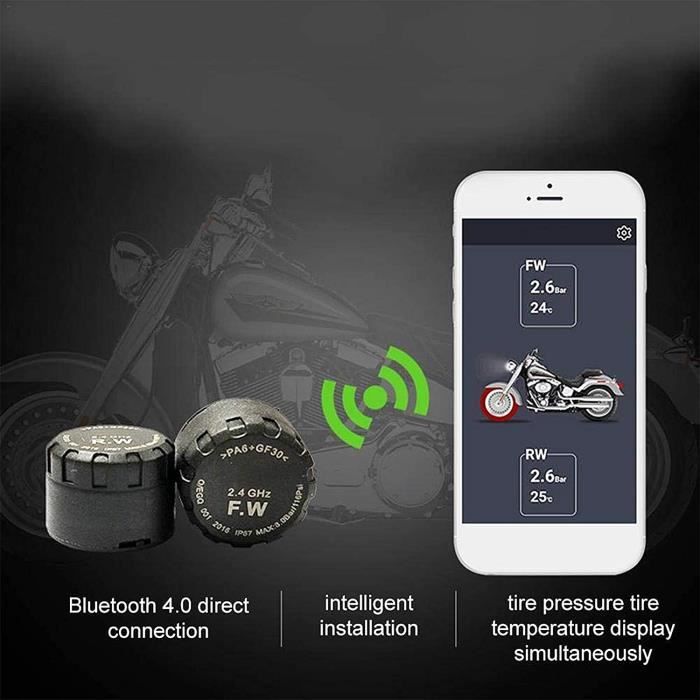 Jeffergarden Système de surveillance de la température de la pression des  pneus TPMS BT pour moto pour iOS / Android avec capteur de pneu