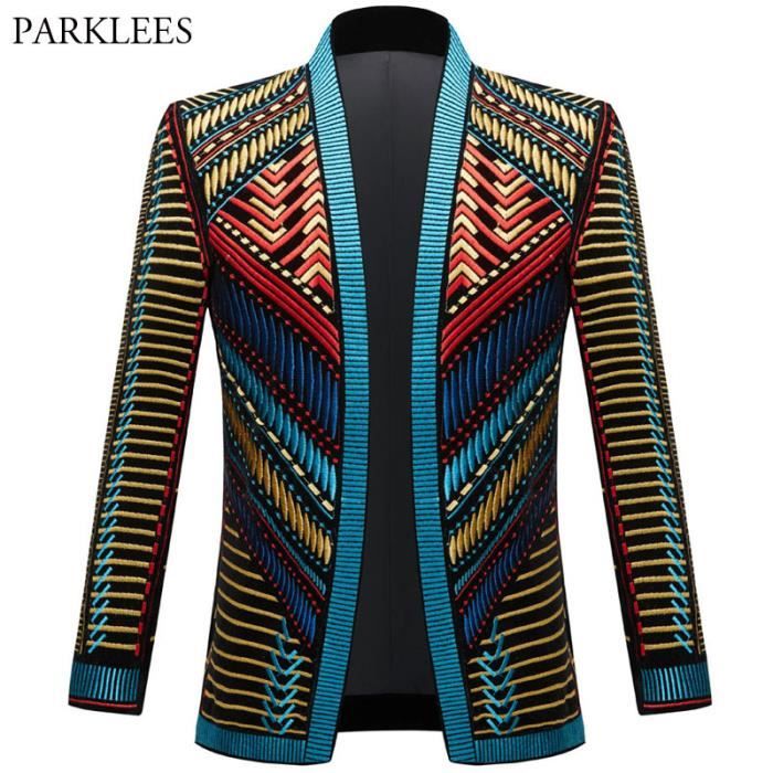 Vintage colore broderie Costume veste Blazer hommes velours veste Style ethnique raye chanteur scene Costume Cardigan Blanc Cdiscount Pret a Porter
