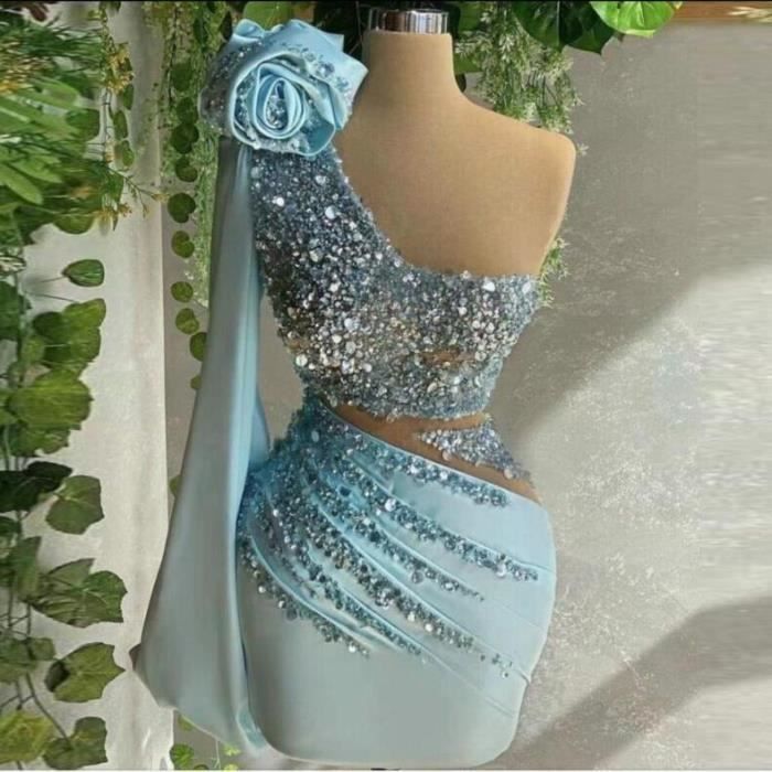 Robe de soir e courte bleu ciel asym trique paule d nud e Sexy