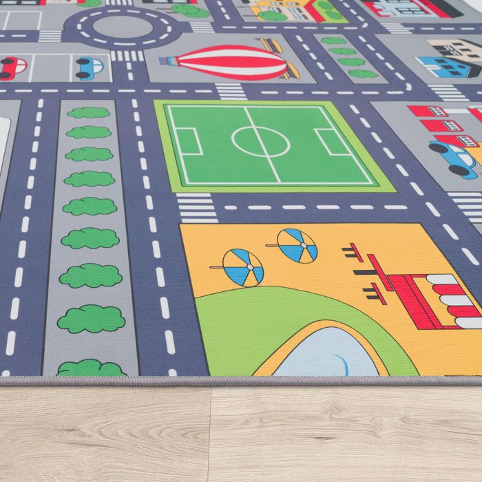 Tapis De Jeu Pour Enfants 80x150 Cm - Motif Route Et Ville - Stimulant Et Amusant - Gris Et Coloré