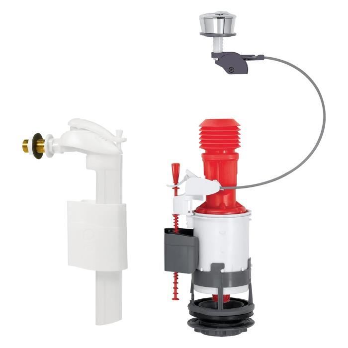 Wirquin Kit Scarico WC Completo MW2 + Doblo - Doppio Tasto 3/6L, Risparmio Acqua, Meccanismo A Cavo E Galleggiante Universale, Grigio/Rosso - 3