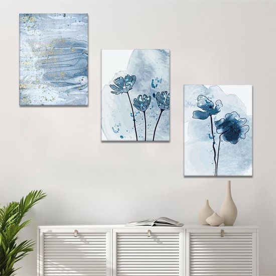 Tableaux Toile 3 Pièces - Fleurs Roses Et Grises - 30 X 40 Cm Avec Cadre - Déco Murale Romantique