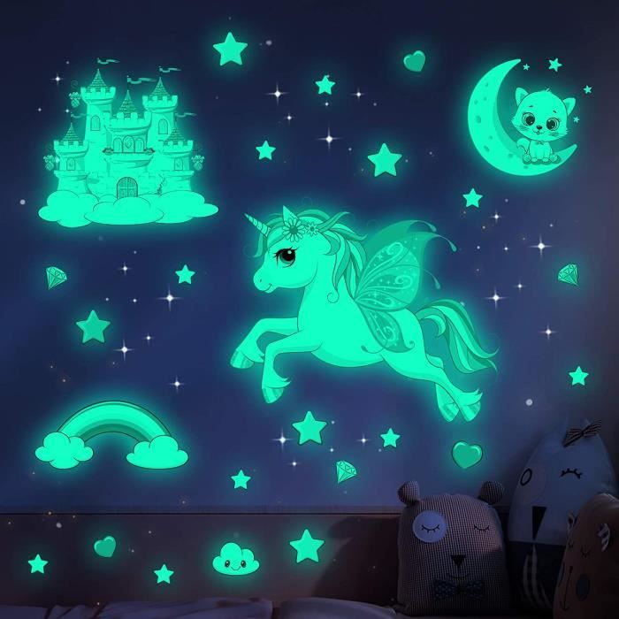 Unicorn Star Autocollants muraux lumineux au plafond-Étoile fluorescente,  décoration arc-en-ciel Chambre d'enfant et de fille