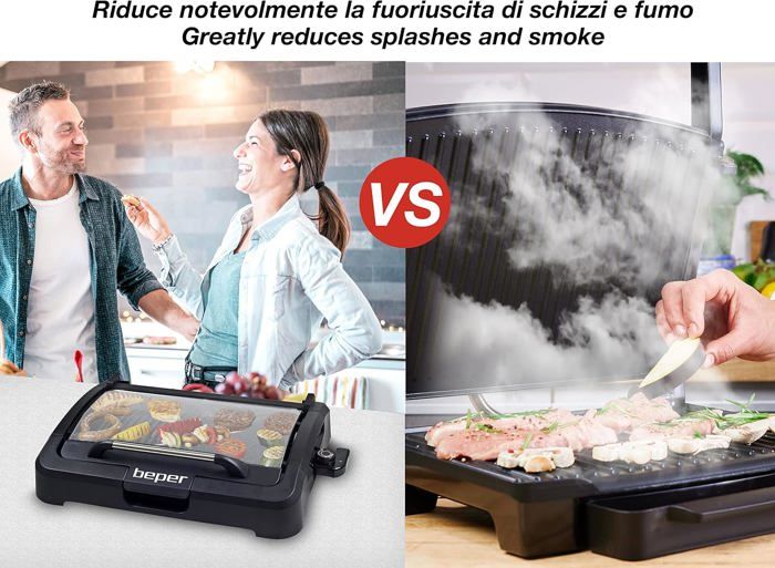 Barbecue Électrique 2200W Beper - Grilles Antiadhésives - Couvercle Verre - Cuisson Sans Fumée