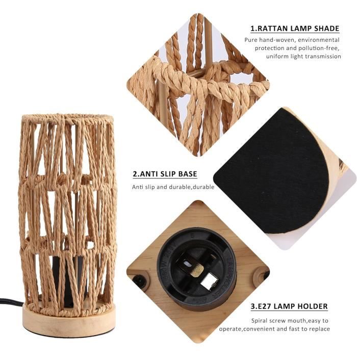 Lampe De Chevet En Bois Avec Abat-jour Lin Vert - Ampoule LED 2700K Incluse, Douille E27 (Hauteur 36 Cm) - 9