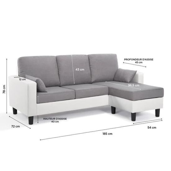 Berlin Canapé Dangle Réversible 3 Places Simili Blanc Et Tissu Gris Clair Contemporain L 185 X P 128 Cm