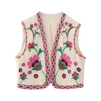 Gilet ouvert brodé de fleurs vintage pour femmes,cardigan à col en V,chemises d'été,style national,glaCrop Top- Pink[A36895]
