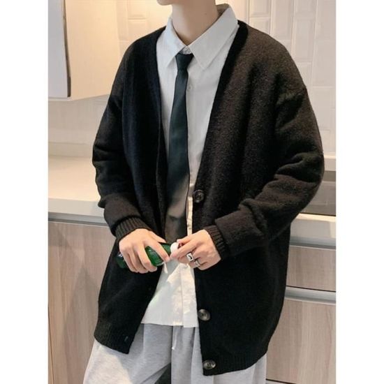 Cardigan En Tricot Pour Homme Avec Boutons,Gilet à Col En V Automne Hiver Avec Fermeture à Bouton Manches Longues Pull En Grosse Maille Chandail Veste En Maille De Transition à Revers Marron