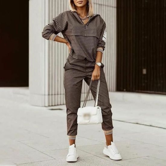Survêtement Femme 2 Pièces Coton - Ensemble Jogging Rayé Sportswear à Capuche - Fitness Yoga