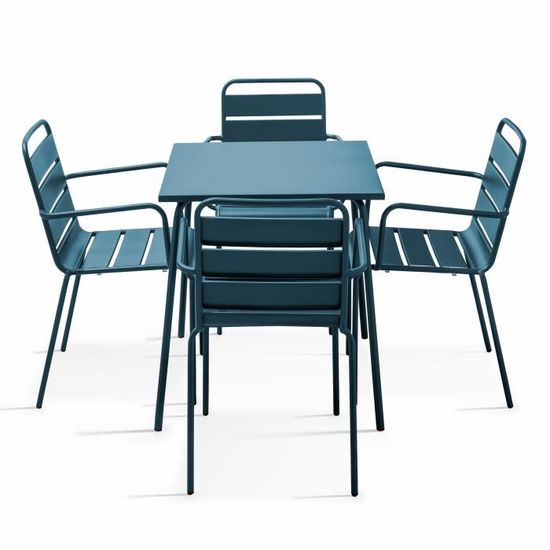 Table de jardin et 4 fauteuils empilables - 70 x 70 x 72 cm - Acier - Palavas - Bleu