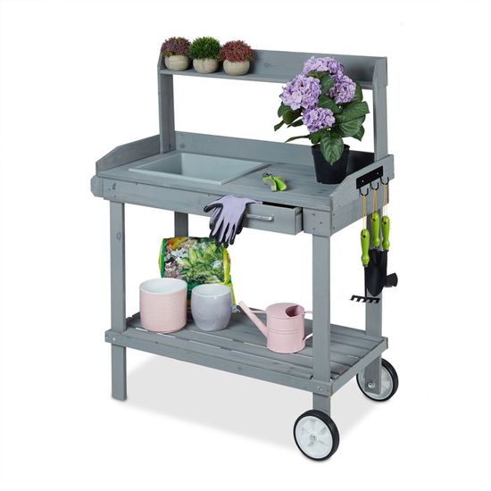 Relaxdays Table De Jardinage Avec Roulettes - 120x97x49cm, Bac Et Tiroir, Bois Et Plastique
