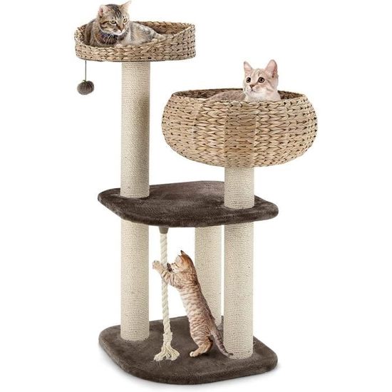 Arbre à Chat GOPLUS 123 Cm Avec Hamac Balançoire - 4 Niveaux, Poteaux Poirier, Corde Jute - Pour Chats Jusqu'à 20 Kg - Design Naturel/blanc