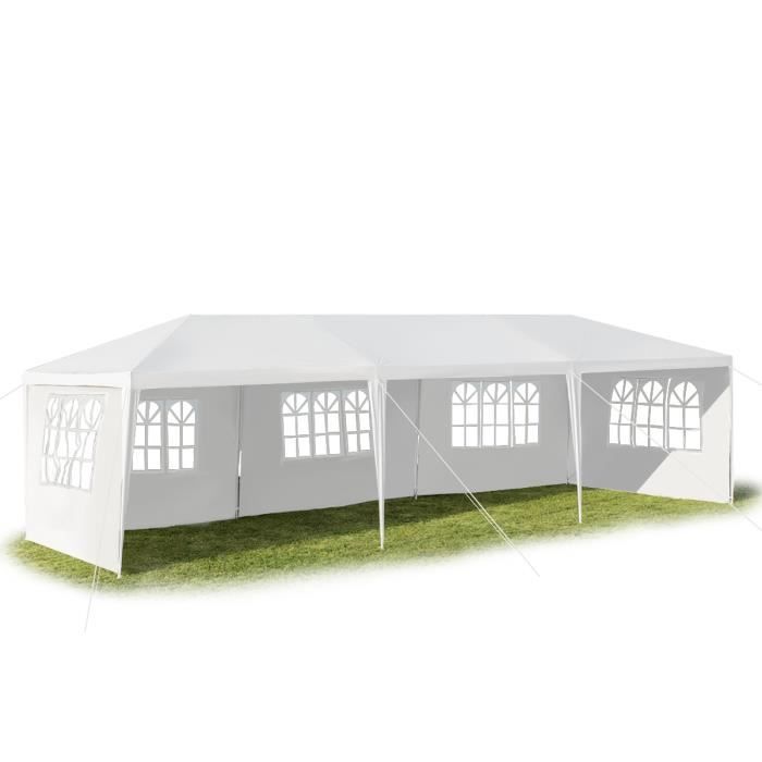 DREAMADE Tente de Réception 3x9 M Pliable en Tube Fer, Tonnelles en 5 Tissu PE, Pavillon de Jardin avec 3 Fenêtres pour Fête, Blanc
