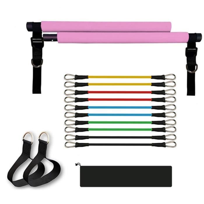 Kit de Barre de Pilates avec Bande de Résistance Réglable Musculation Fitness Squat Équipement Rose