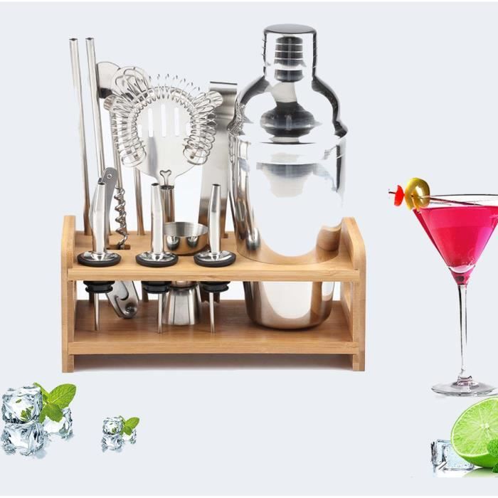 Shaker à Cocktail,Shaker Cocktail Professionnel 12 Pièces,Cocktail Shaker 750ml Kit Barman avec Support en Bois
