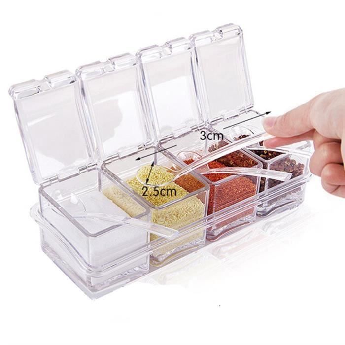 HT Set de 4 Pot Boîte à Epices Assaisonnement Condiment Box avec Couvercle et Cuillère Acrylique - HTVSO827A2425