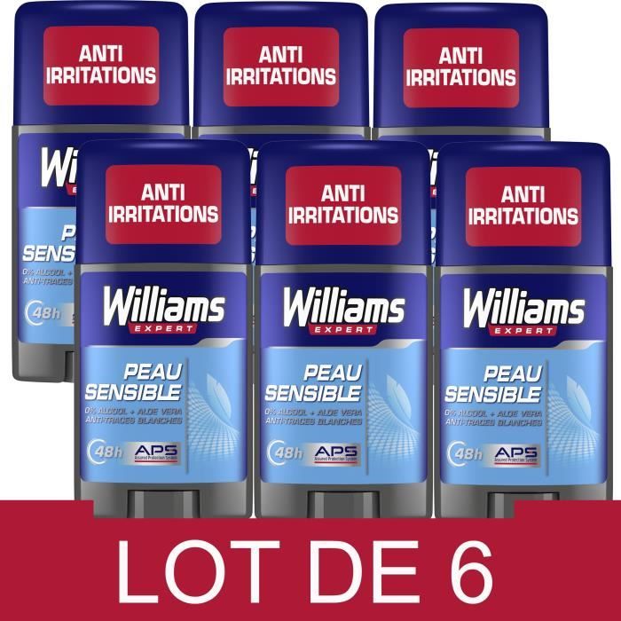 WILLIAMS Lot de 6 Déodorants Homme Stick Peaux Sensibles Anti Traces blanches - 75ml