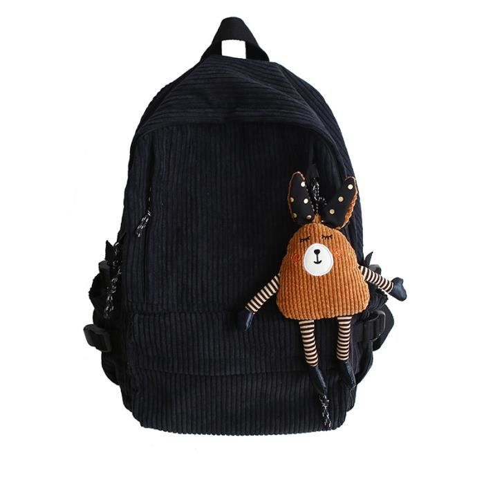 30CMX13CMX42CM - Noir avec pendentif - Sac à dos Anti-vol en velours côtelé pour femmes, Vintage, à la mode,