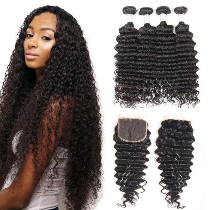 4 tissage bresilien deep wave avec 4x4 closure 100g-p 14 14 14 14 + 12pouces cheveux humains