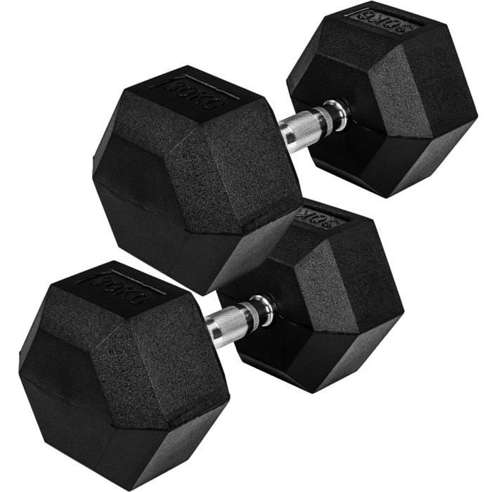 Movit® haltère hexagonal, Dumbbells en fonte avec revêtement caoutchouc, 2x30kg, barre chromée, moletée et antidérapante