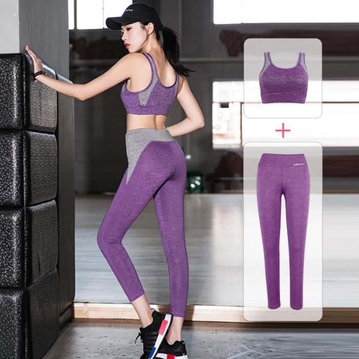 Ensemble De Vêtements De Sport Femme 2 Pièces Soutien-Gorge+Pantacourt Collant Tenues Antichocs Femmes Yoga Gym Jogging