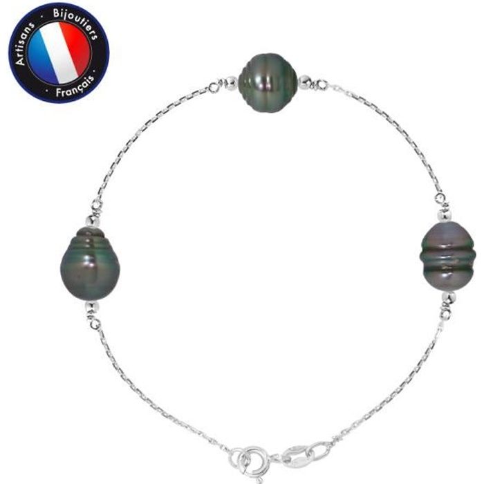 PERLINEA - Bracelet 3 Véritables Perles de Culture de Tahiti Cerclées 8-9 mm - Or Blanc - Bijoux Femme