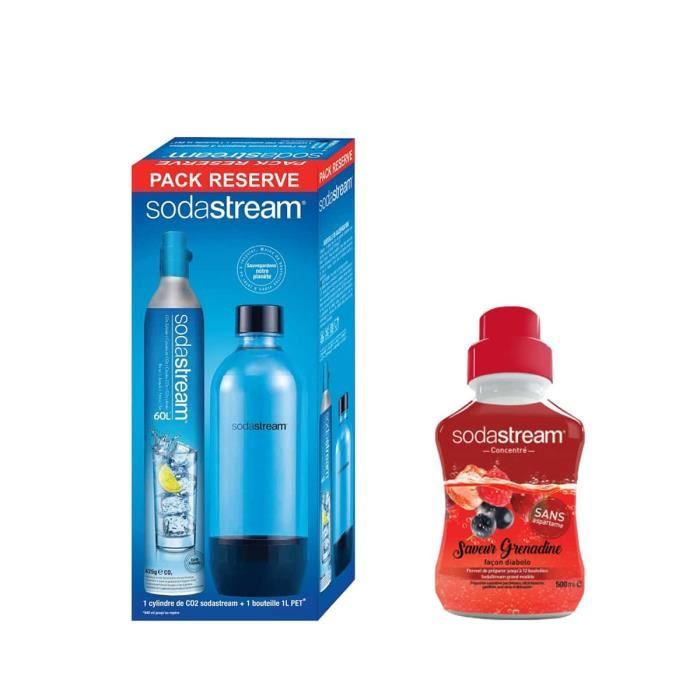 Pack SODASTREAM Cylindre CO2 60L - 1 bouteille PET 1L - Concentré Grenadine 500 ml