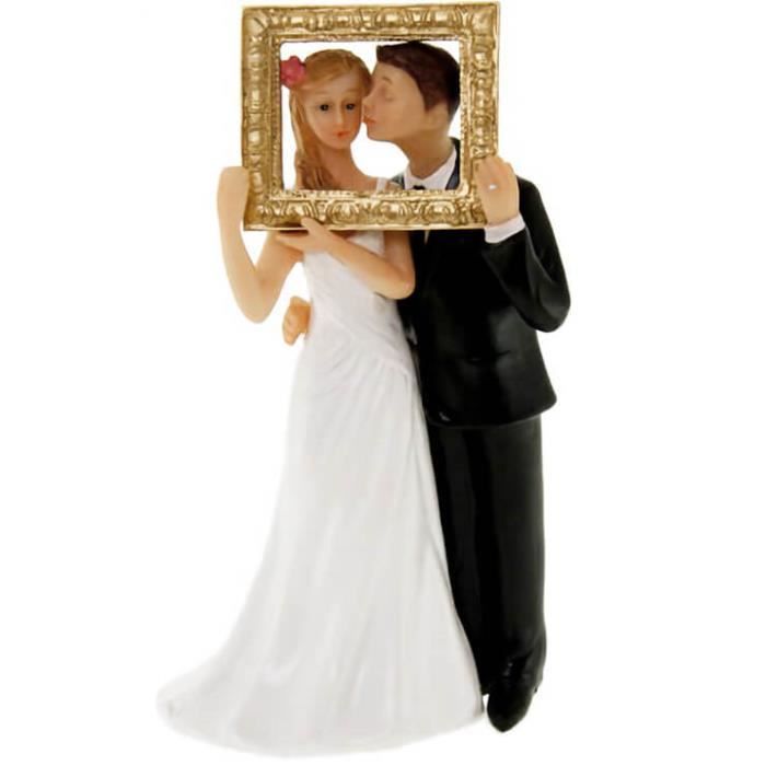 R/SUJ4952- 1 Figurine mariage couple de mariés avec cadre photo. 13cm