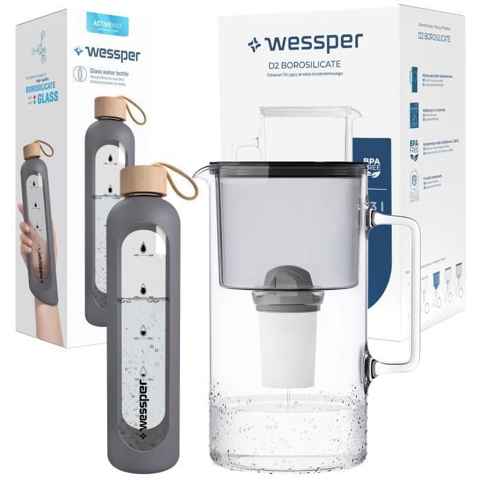 Wessper Pichet filtrant en verre cristallin 2.5L noir + Bouteille en verre avec étui en silicone 1L gris