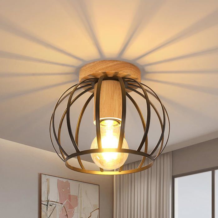 TOKIUS Plafonnier Industriel en Métal Cage Lumières Vintage en Bois E27 Rétro Lampe de Plafond Pour Salon Chambre Entrée