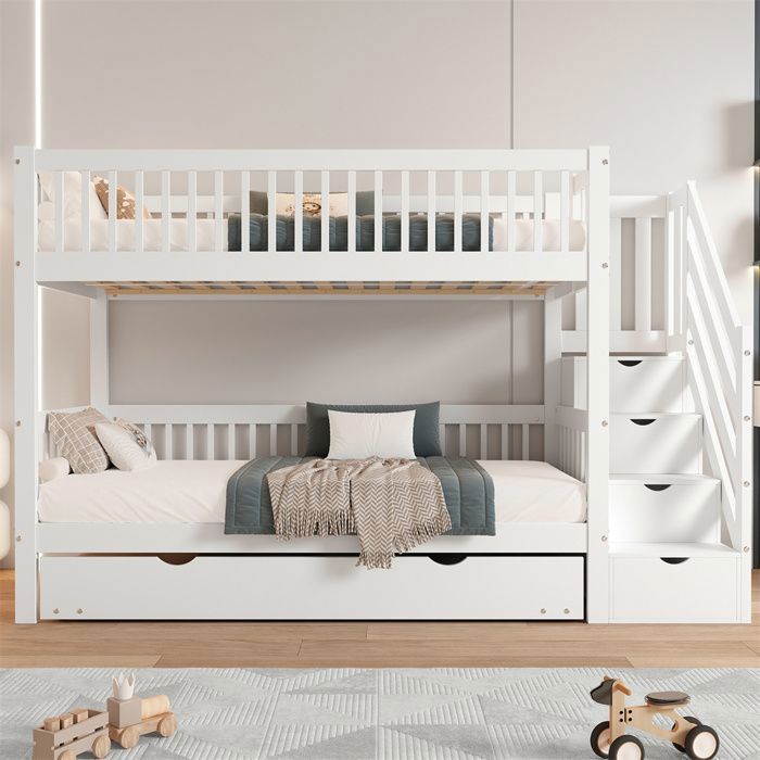 DRIPEX Lit superposé 90x200cm avec lit à roulettes 90×190cm Lit enfant avec échelle de rangement et barrière antichute Blanc