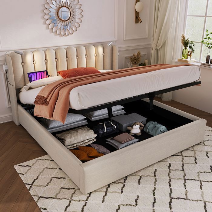 Lit coffre - PUGSDRLY - 160x200 Lin beige naturel - Sommier à lattes - USB intégré - Liseuse