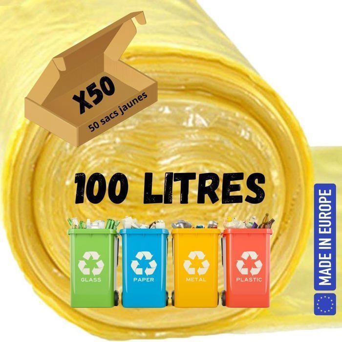 Sac Poubelle Jaune 100 Litres | Carton de 50 Sacs (2 Rouleaux de 25 sacs) | Haute R?�sistance 30 