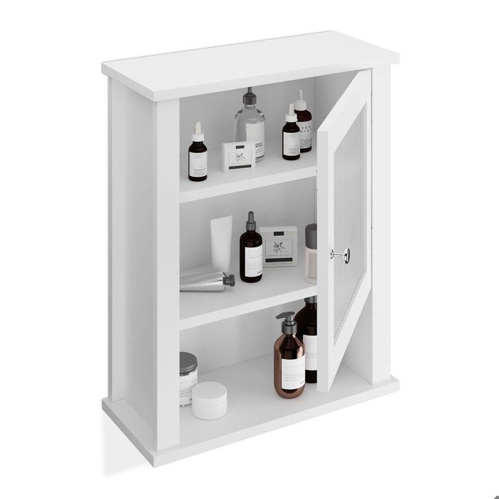 Relaxdays Meuble salle de bain suspendu Placard mural WC 3 étagères porte en verre acrylique HLP: 52x42x18 cm blanc