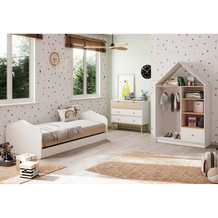 KAINA - Chambre 90x200cm avec Commode 4T et Dressing Cabane Coloris Blanc et Naturel KAINA - Chambre 90x200cm avec Commode 4T et Dressing Cabane Coloris Blanc et Naturel