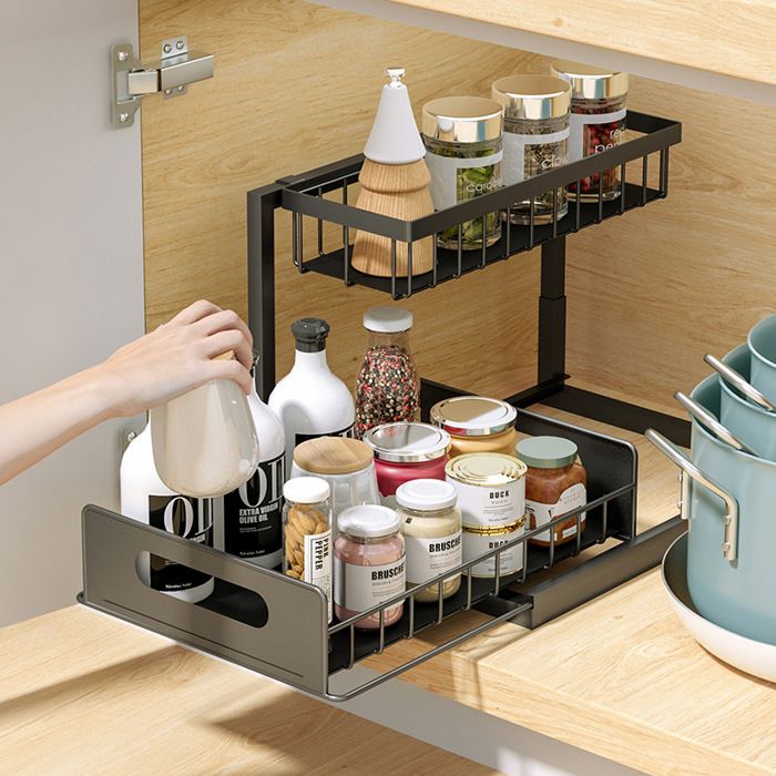Organisateur Sous Évier 2 Niveaux Métal Noir - Tiroirs Coulissants Réglables En Hauteur - Rangement Cuisine Salle De Bain