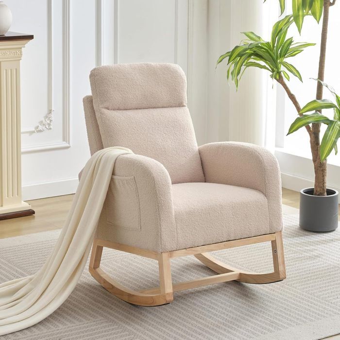 Fauteuil à Bascule- Rocking Chair avec rangement de poche -pieds en bois massif -Style Scandinave -Salon-Chambre