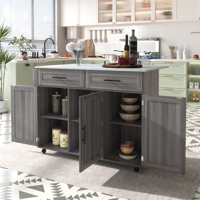 Buffet bas 129x46(71)x91.5 cm avec plateau rabattable et 2 tiroirs Buffet de cuisine avec roulettes Buffet salon en gris kaki