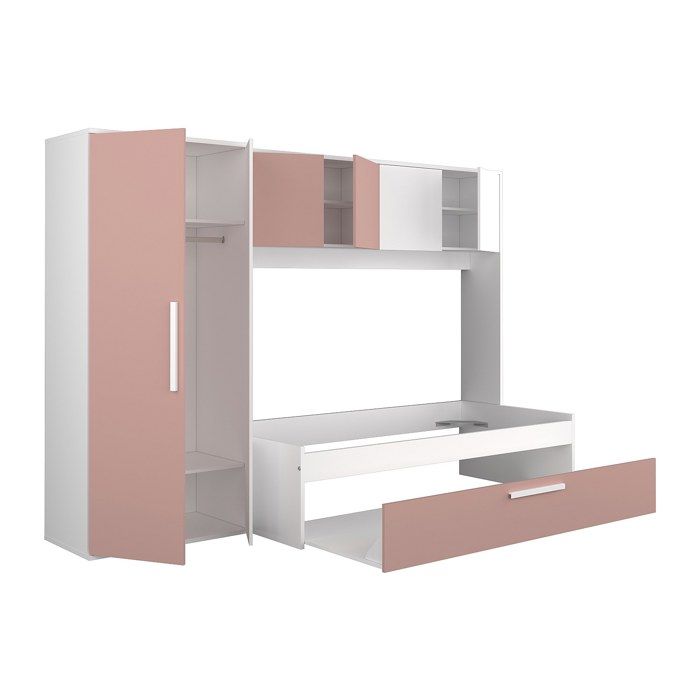 Lit avec tiroir gigogne 2 x 90 x 200 cm - Avec armoire – Rose et blanc - LUMOKA