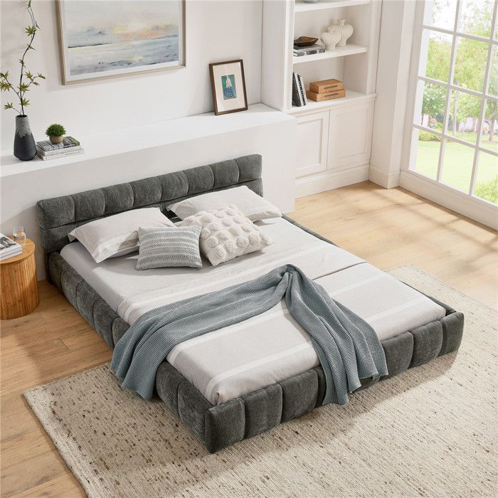 Lit 160x200 avec sommier tête de lit rembourrée lit 2 personnes à bulles pour adolescents plat chenille gris foncé sans matelas