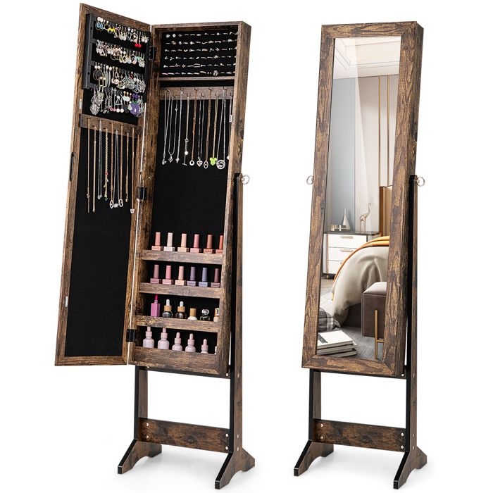 Armoire à Bijoux sur Pied COSTWAY Miroir Plein Long Angles Réglables Crochets pour Colliers Emplacements Étagères Brun Rustique