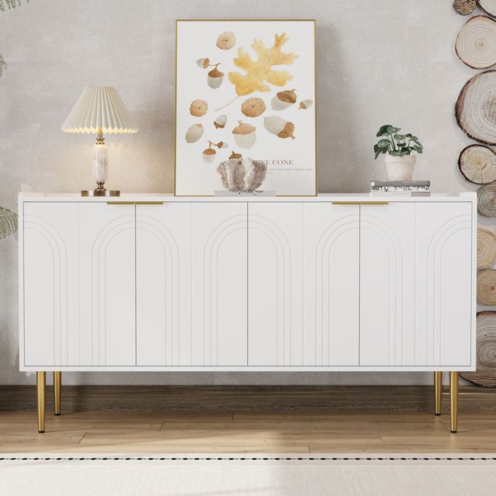 Buffet Moderne Blanc 140 cm Meuble Salle à Manger avec Espace de Rangement et 4 Portes Étagères Réglables Pieds en Métal Doré